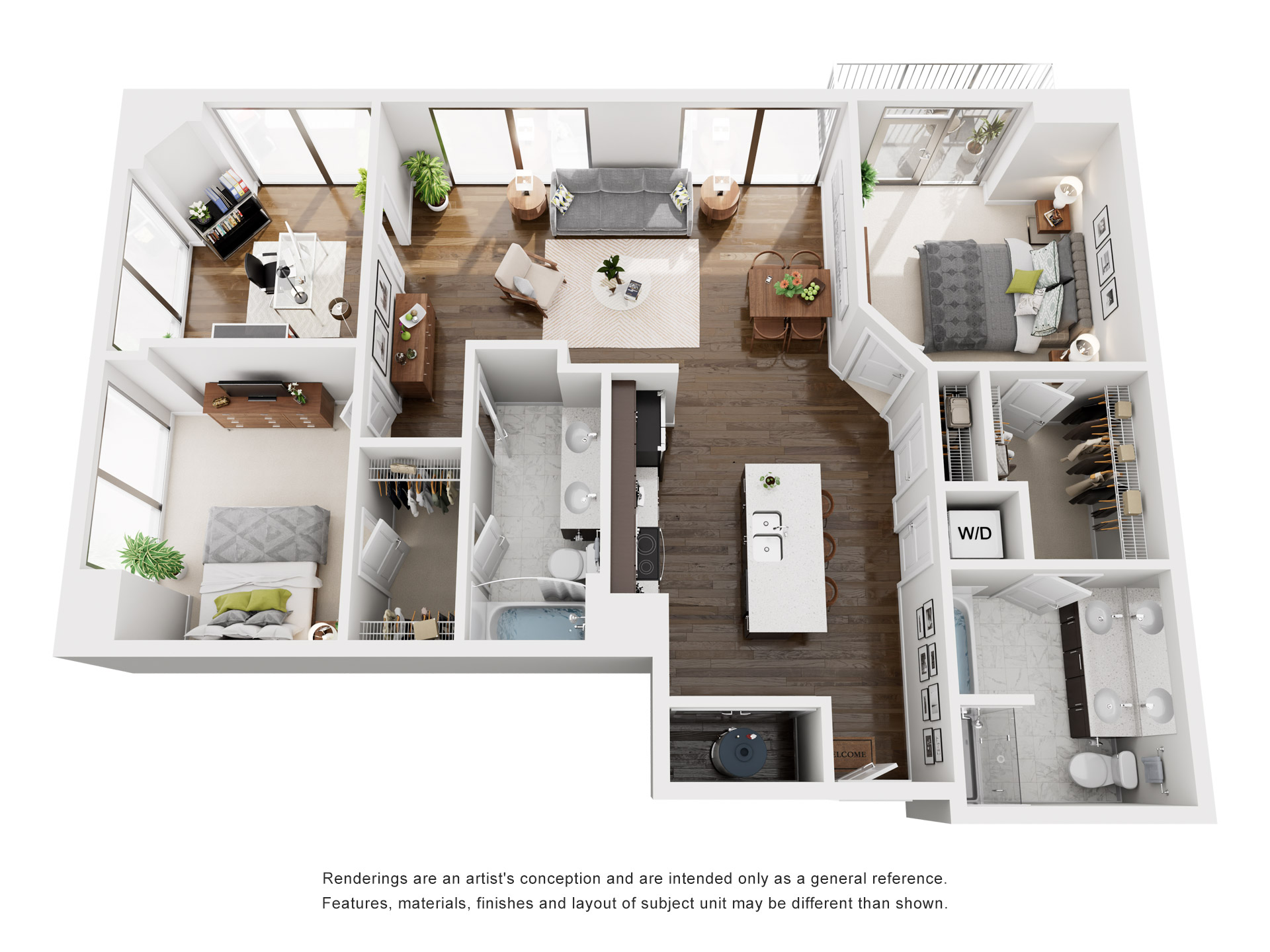 Floor plan for 2 beds, 2 baths, 1364 sqft